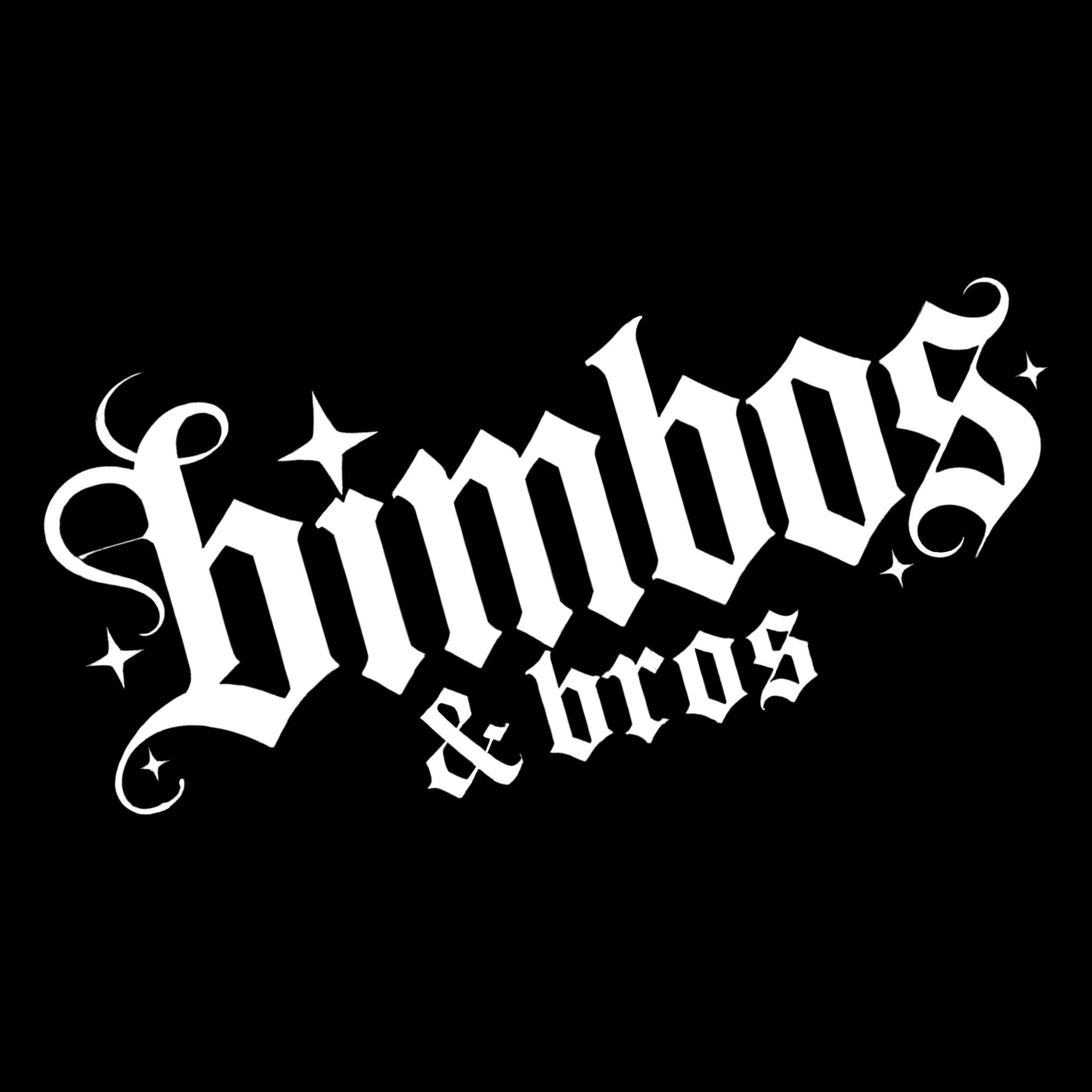 Decorative text 'bimbos e bras' in a stylized font on a black background
